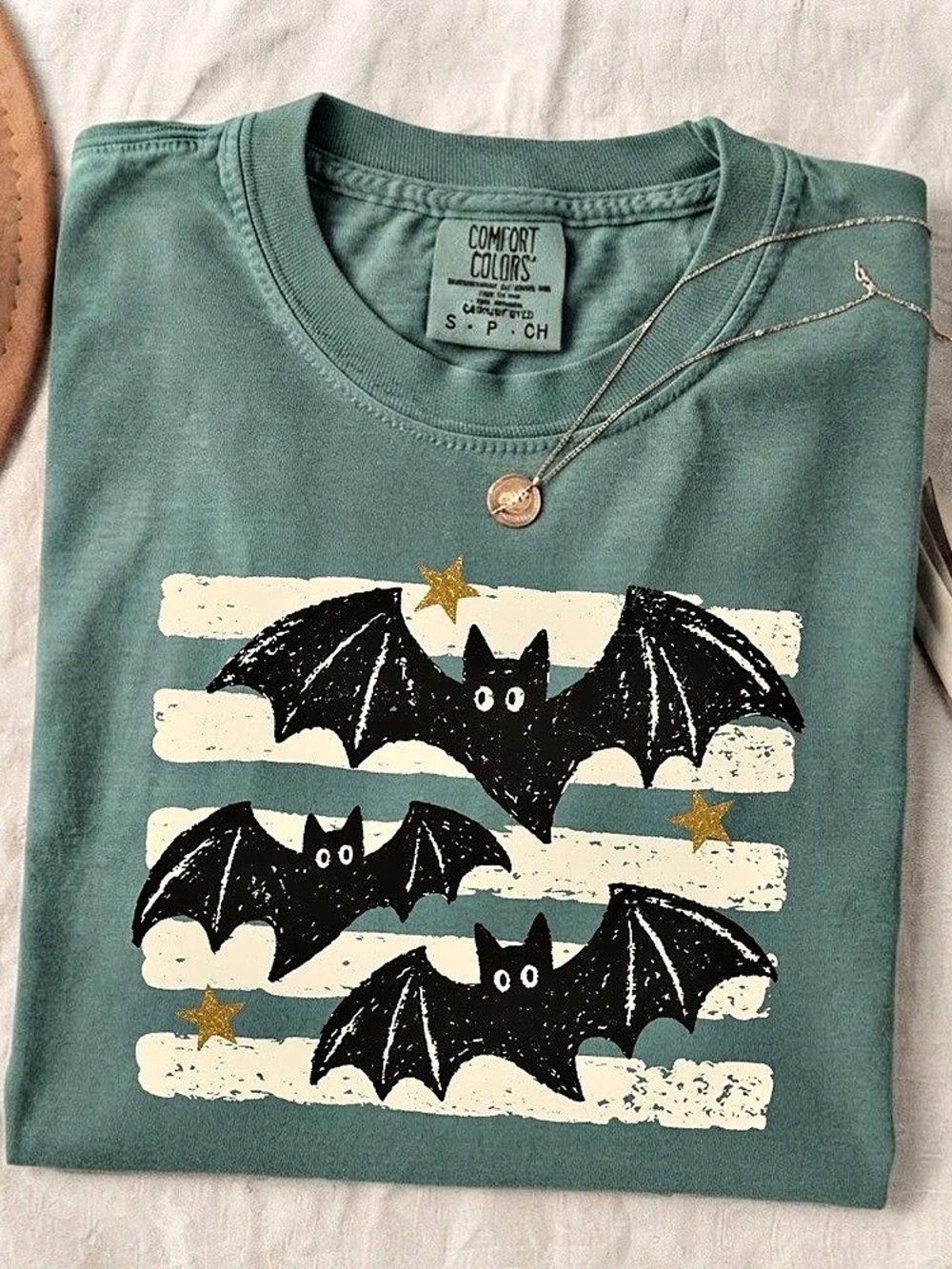 Spruce Green Bat Trio Distressed Stripes Stars Comfort Colors T-Shirt